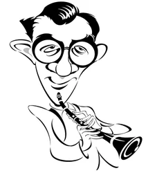 Benny Goodman - Amerikaanse jazz- en swingmuzikant, klarinettist en bandleider, bekend als The King of Swing (1909 - 1986); karikatuur